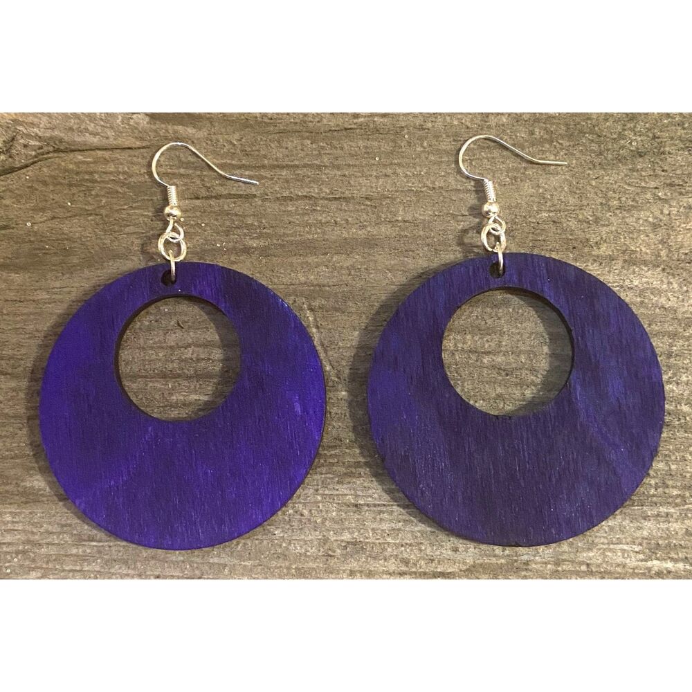 Wood Earrings - 2" x 2" Offset Circle - Purple Dye - E003-D4